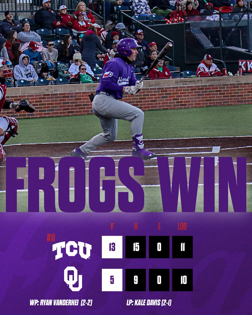BALLGAME!

TCU dominates from start to finish to open Big 12 play with a win! Eight Horned Frogs tally an RBI in the game.  

#FrogballUSA | #GoFrogs