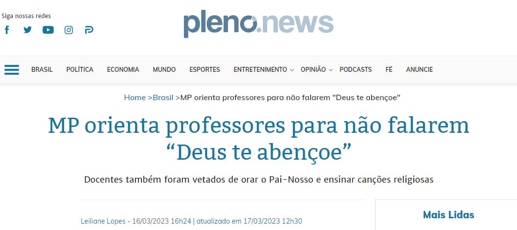 AnaSpiacci's tweet photo. Após o Ministério Público emitir uma nota para que professores deixem de usar termos religiosos em sala de aula, a Prefeitura de Taubaté, no Interior de SP, enviou orientações para que os professores deixem de usar termos como: "Deus te abençoe" para os alunos. https://t.co/uLWe4dU3wk