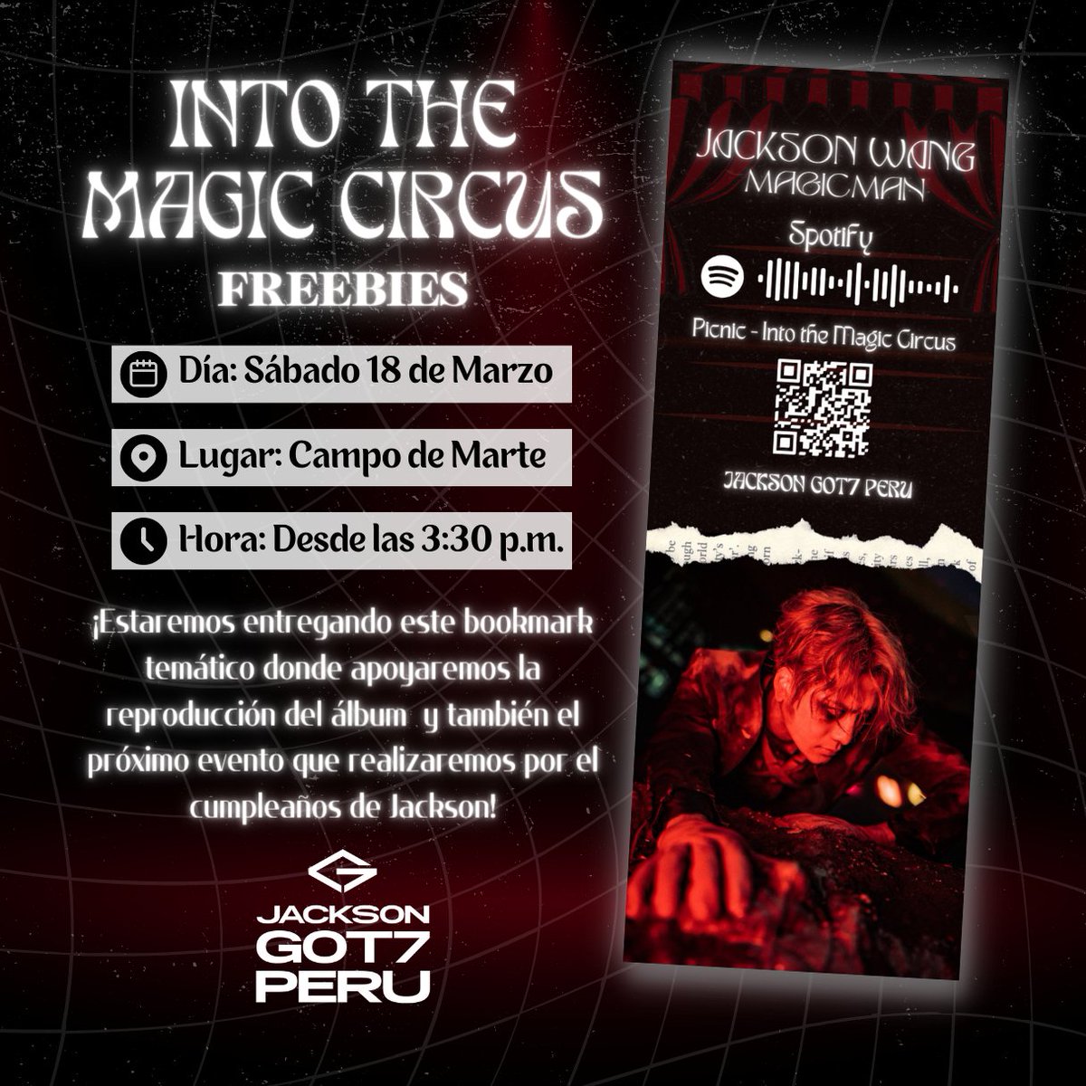 Jackson_G7Peru's tweet photo. ✪ FREEBIES - Into the Magic Circus ✪
Hola Jacky's & AHGASES !!!!
Empezamos las actividades por el cumpleaños de nuestro MagicMan! 🔮
📱La ubicación exacta se enviará por el grupo de WhatsApp del fanclub⚫
#Jackson #JacksonWang #JacksonGOT7Peru #Birthday #Magicman https://t.co/7DtV0IzkjR