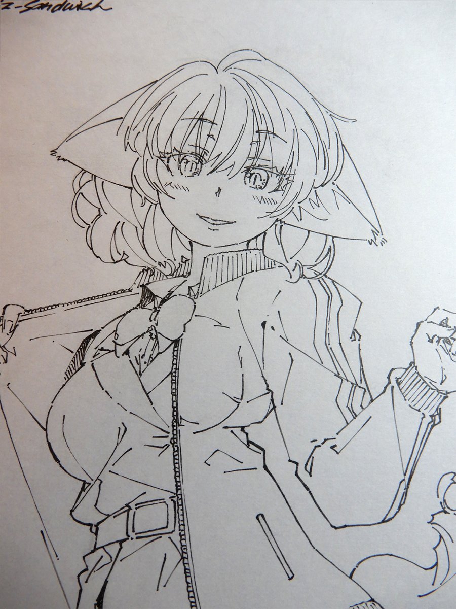 キャラ線画。背景に迷って、最近少し減っていた枠付き背景をこの絵からまた使い始めました。 