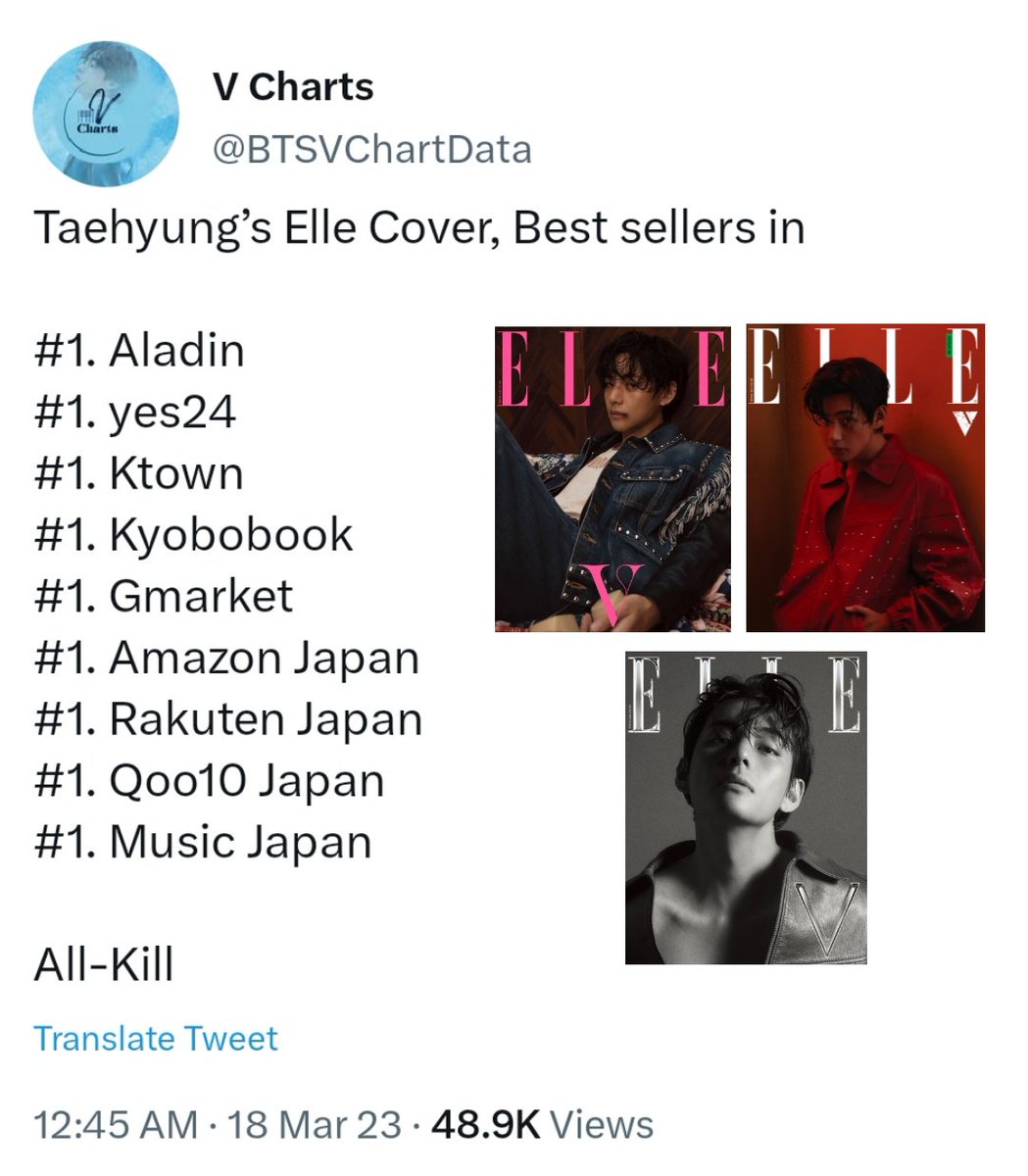 Both of Taehyung's Magazine Cover for VOGUE and ELLE Korea have achieved an ALL-KILL on these online shopping platforms as his covers are the #1 Best Sellers during their respective time of release!

#TAEHYUNGxELLE #TAEHYUNGxVOGUE #V