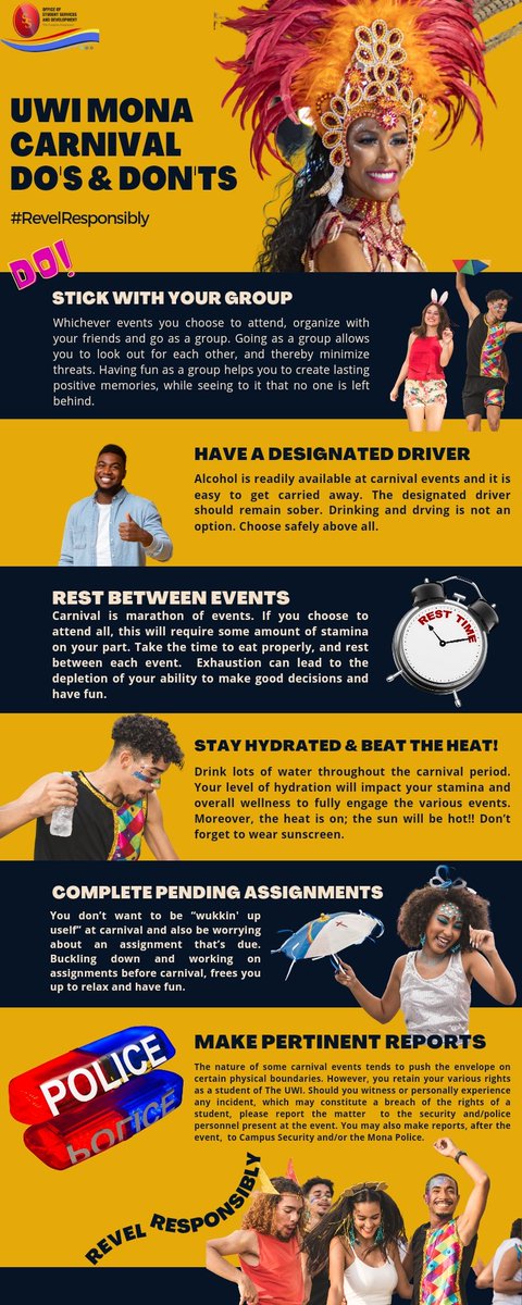 RasheenROBINS0N's tweet photo. The UWI Carnival Season culminates with its infamous #carnivalweekend. Wishing all patrons a fun + safe time filled with responsible revelry. Still sharing the following carnival tips from @OSSDMona. Party responsibly guys! We are #oneUWI @UWIMonaGuild @UWImona
@UWIMonaGuildPRO https://t.co/wdPLPRvmxt