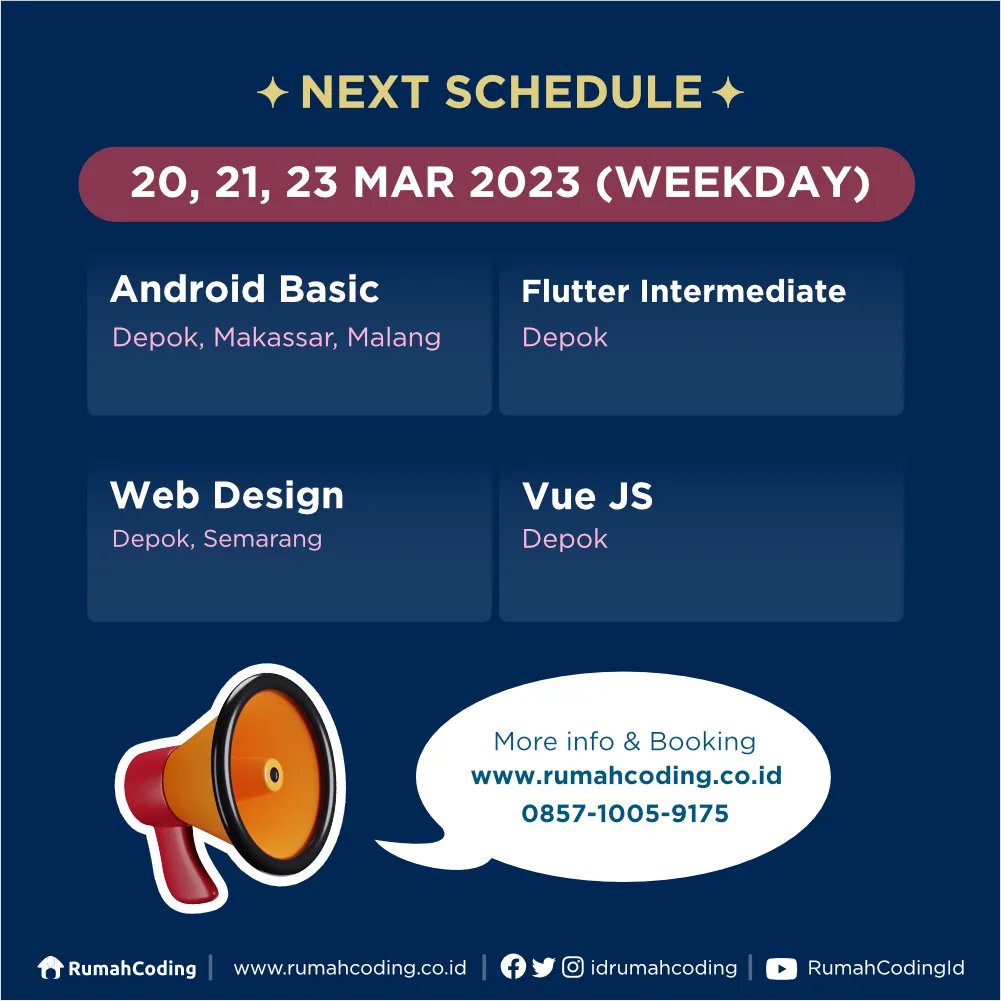 idrumahcoding's tweet photo. hii guys! berikut jadwal untuk minggu besok nih, buat kamu yang ingin mengikuti kelas nya bisa langsung kunjungi website kami atau whatsapp ke admin ya.
.
info lebih lengkap kunjungi website kami di https://t.co/nUF6I36AXP
.
#coding #programmer #bahasapemrograman #flutter https://t.co/cxxeZRwfCd