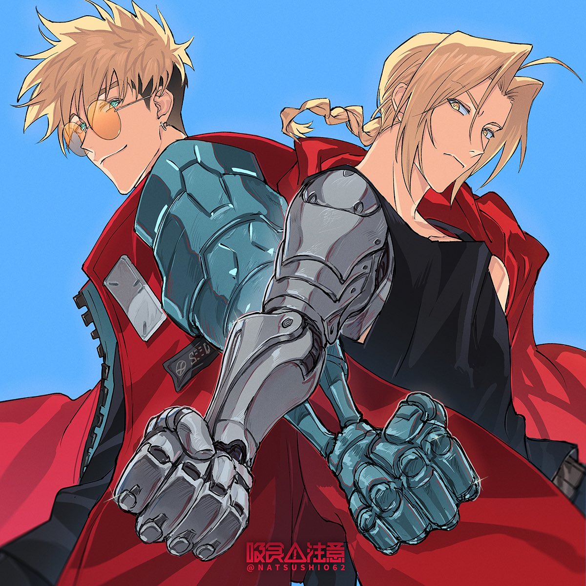 edward elric blonde hair 2boys multiple boys mechanical arms male focus braid single mechanical arm  illustration images