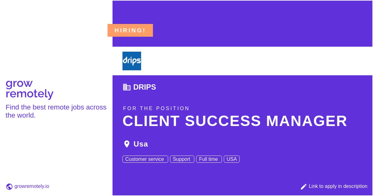 growremotelyio's tweet image. Check out this job at Drips for the position Client Success Manager.

 Apply link: growremotely.io/?id=64150238d2…

#hiring #remotejobs #Drips #CustomerSupport