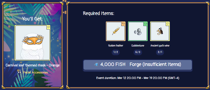 iy8034's tweet photo. I'm just missing one Golden Feather #NFT to be able to forge this awesome mask for the current epoch. Maybe I'll find one on adventurein #Otopia or in the trading channel. Wish me luck! @OtterClam #NFTGame #NFTCommunity https://t.co/bBOm2MtL7w