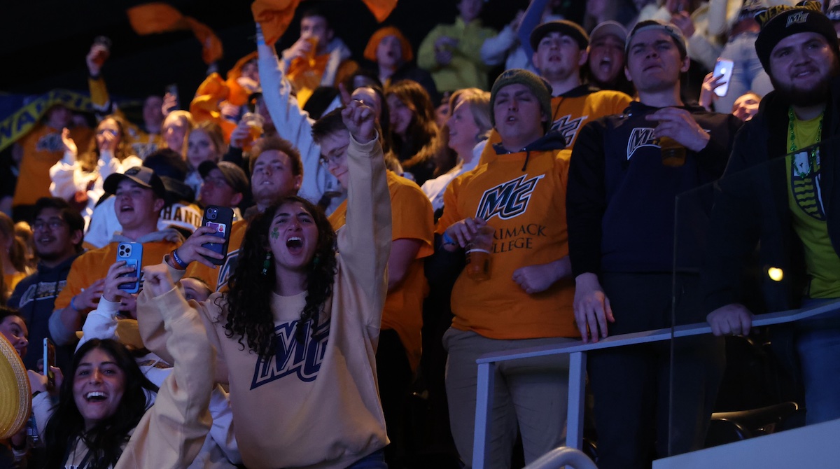Merrimack fans cheer on the men's hockey team at TD Garden. 
