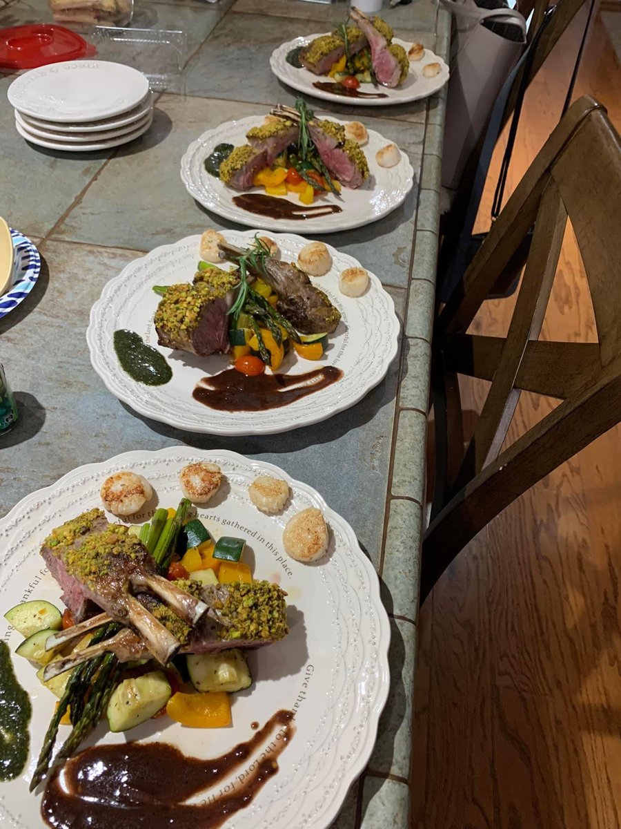 TravelAgentAmy's tweet photo. @GordonRamsay my husband’s food tastes as good as it looks.  Tonight was a salad, pistachio crusted rack of lamb, scallops, roasted vegetables, and creme brûlée. https://t.co/Mm9hMVpQPL