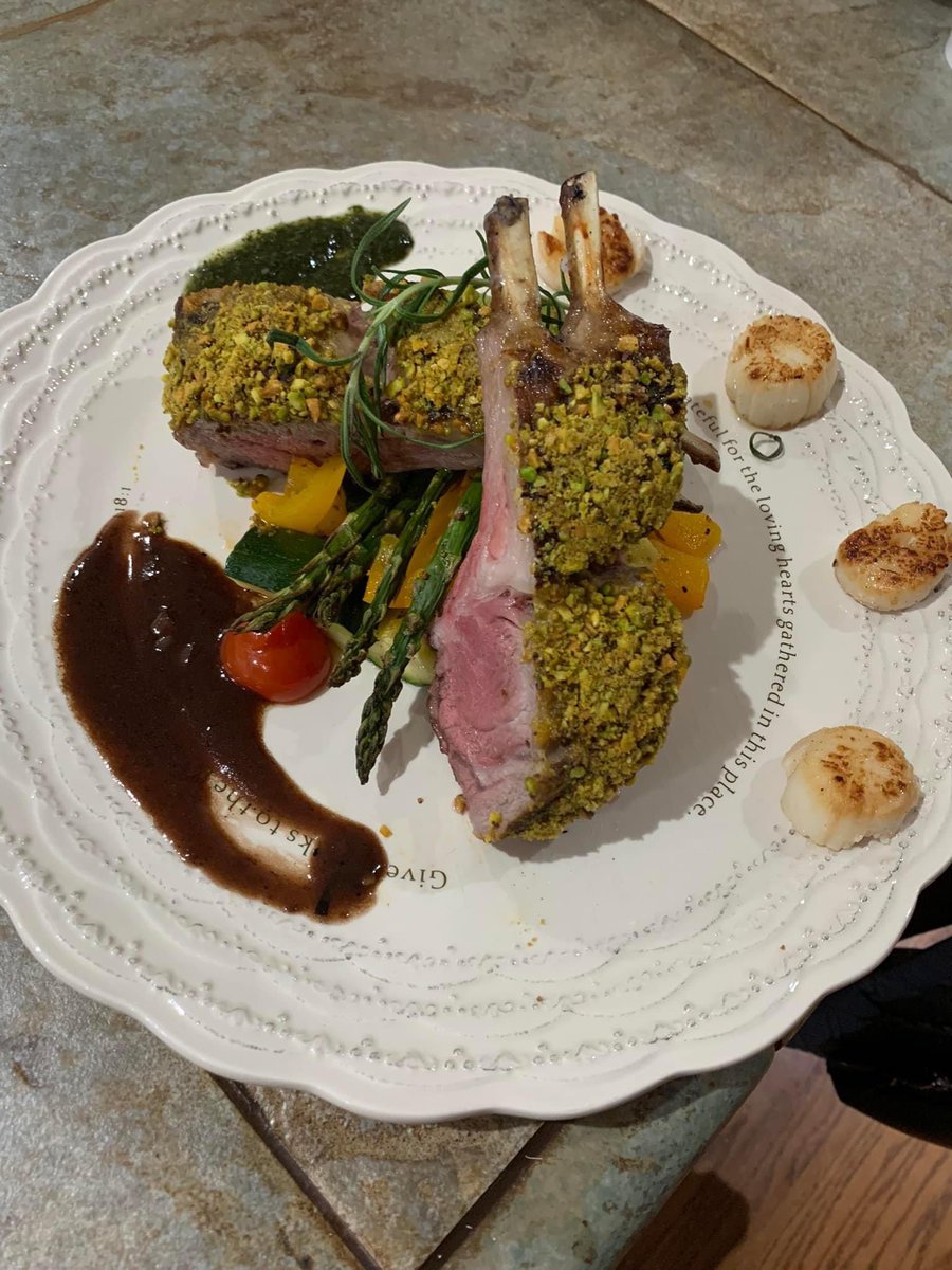 TravelAgentAmy's tweet photo. @GordonRamsay my husband’s food tastes as good as it looks.  Tonight was a salad, pistachio crusted rack of lamb, scallops, roasted vegetables, and creme brûlée. https://t.co/Mm9hMVpQPL