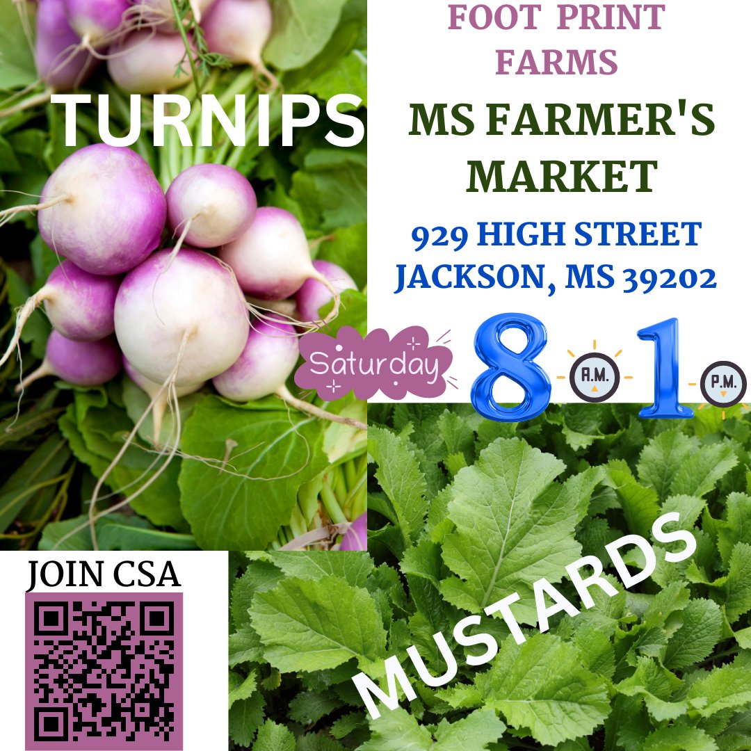 FootPrintFarms's tweet photo. We will have TURNIPS and MUSTARD GREENS at the Mississippi Farmer's Market tomorrow, Saturday March 18th!!

Come see us BRIGHT AND EARLY at 929 High Street Jackson, MS 39202 from 8 am -1 pm! https://t.co/kCMFZlRAn1