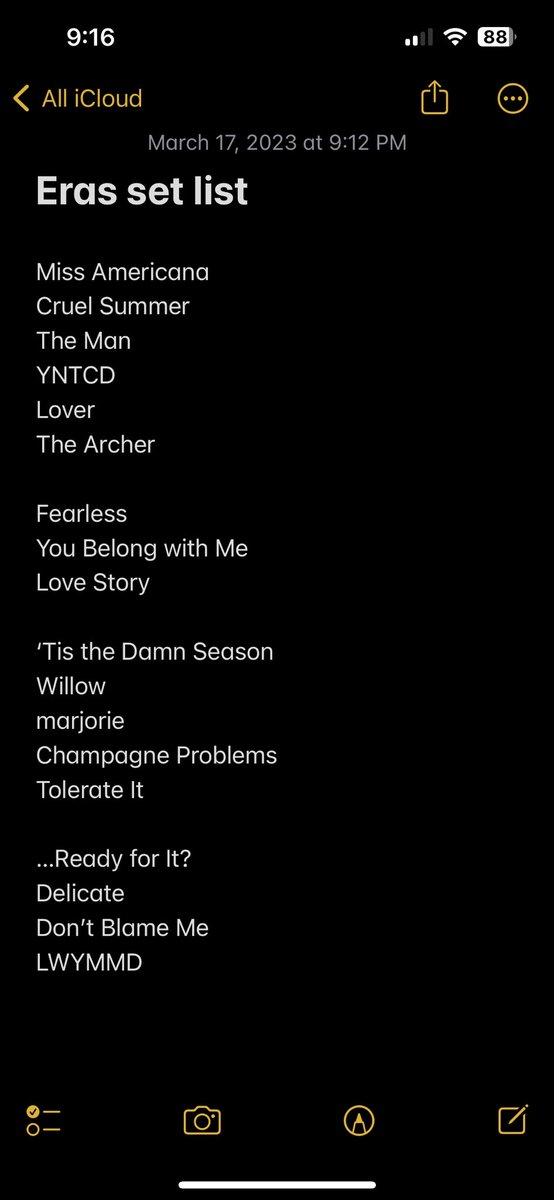 SammyB1006's tweet photo. Spoilers: Through 4 out of 10 eras, here’s the set list:

#ErasTour https://t.co/1zkF0K8GpF