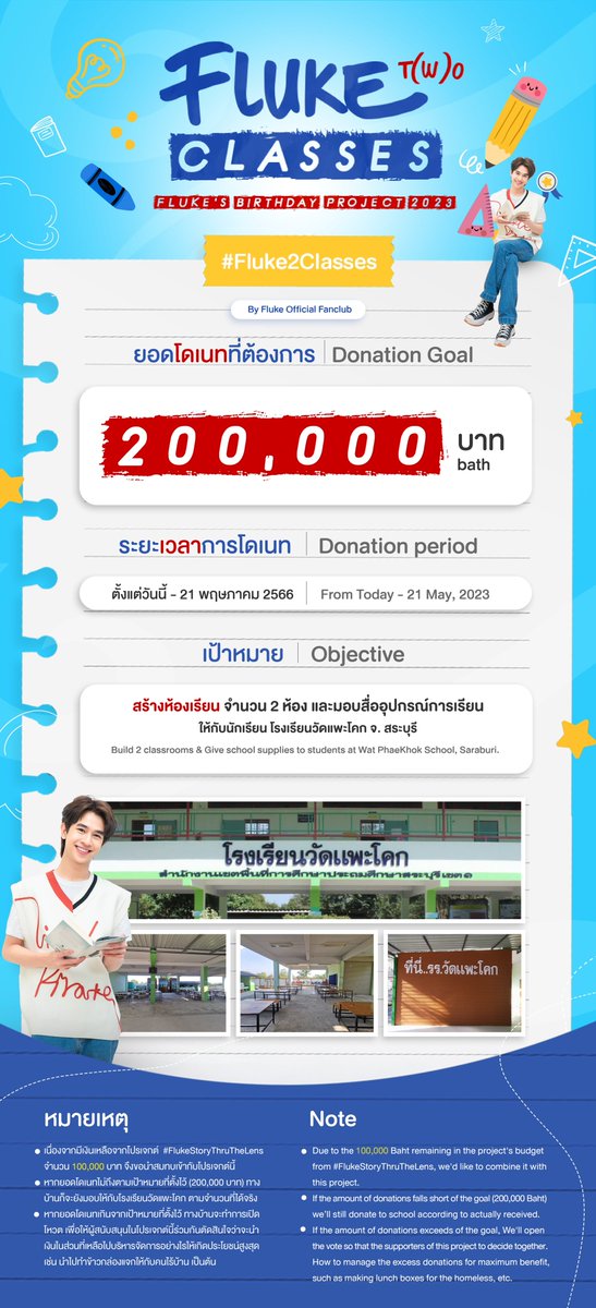Fluke_Official's tweet photo. 𝟐𝟎𝟐𝟑 𝐅𝐥𝐮𝐤𝐞'𝐬 𝐁𝐢𝐫𝐭𝐡𝐝𝐚𝐲 𝐏𝐫𝐨𝐣𝐞𝐜𝐭
🏫 FLUKE T(W)O CLASSES 🏫 

📆 ระยะเวลาโดเนท : วันนี้ - 21 พ.ค. 2566
รายละเอียดเพิ่มเติมดูได้ที่ลิงก์
🔗 https://t.co/I5RuWAxWW7

#Fluke2Classes
#FlukeBDProject2023
#เจ้าแก้มก้อน
#fluke_natouch https://t.co/5itkXbH0ke