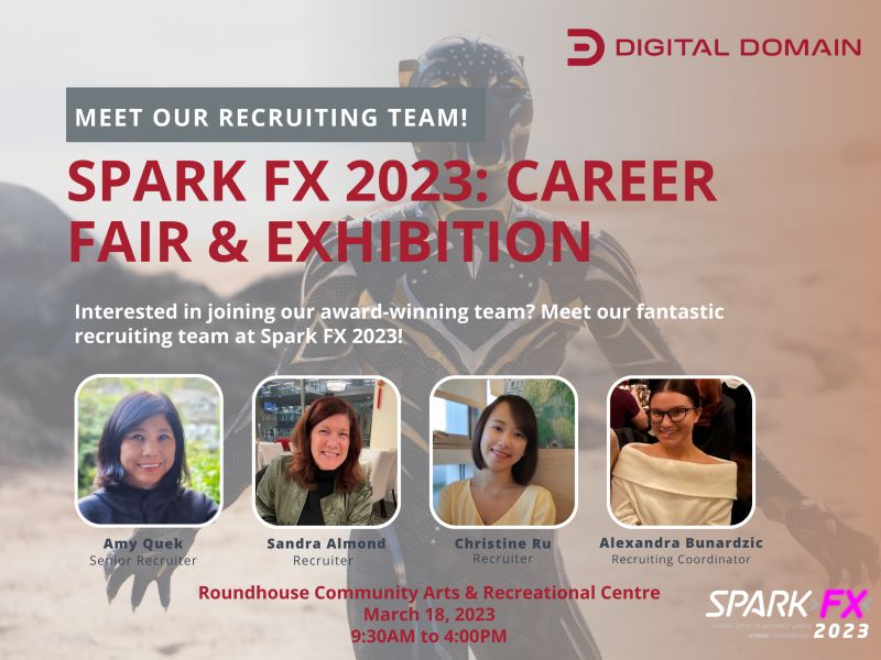 DigitalDomainDD's tweet photo. Don't forget - join us at the #SPARKFX Career Fair TOMORROW! Meet our recruiters and learn about the amazing #vfx opportunities available at Digital Domain.
We look forward to meeting you! https://t.co/B7QyrOPb8q