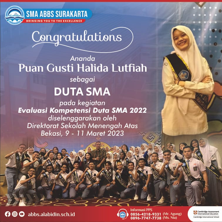 SMAABBS's tweet photo. Alhamdulillah siswa SMA ABBS Surakarta a.n Puan Gusti Halida Lutfiah Kelas XII.MIPA 12 terpilih sebagai role model pelajar “Duta SMA” dari seluruh Indonesia melaksanakan kegiatan "Perencanaan dan Pengembangan Program Kerja dan Organisasi Duta SMA 2022 di Masa Mendatang. https://t.co/WTlI34UxVz