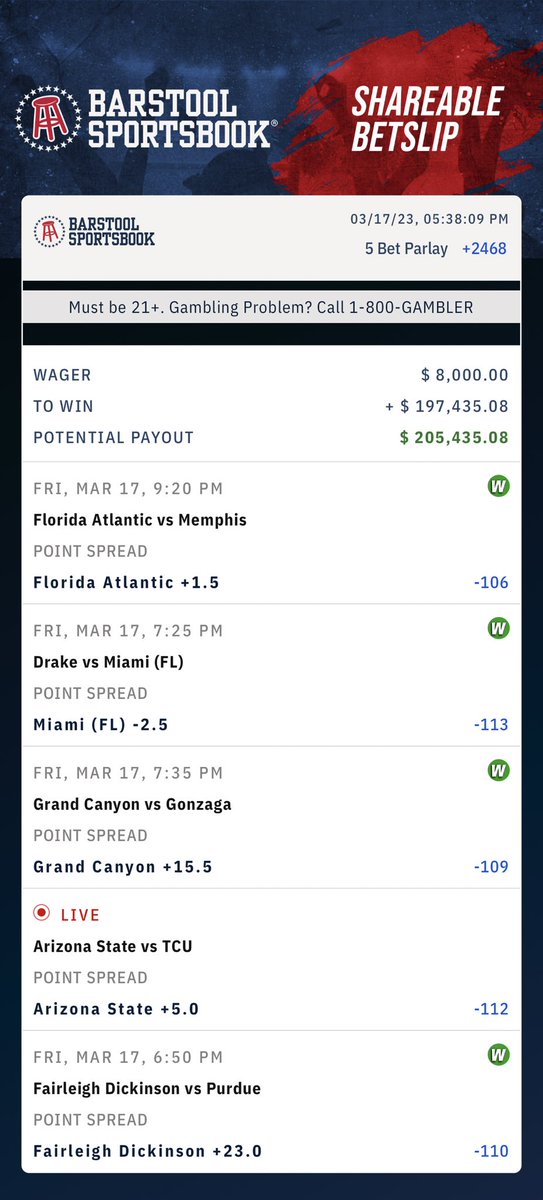 I may be the best gambler on the planet. I LOVE MARCH #BarstoolSportsbook  barstoolsportsbook.com/bets?_p=dfibgS…