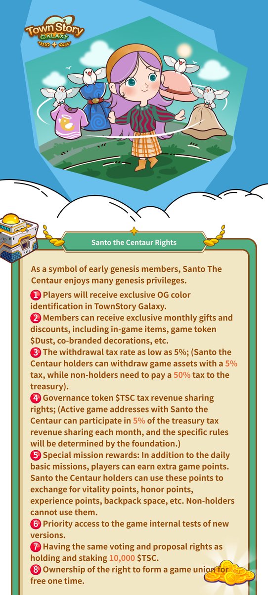 townstorygamefi's tweet photo. 🔔If you own a #NFT Santo the Centaur, you're honored to be the genesis member of #TownStoryGalaxy!

Please RT this post &amp; Tag friends to let them know
⬇️Many Genesis Privileges you can enjoy(💙,🧡)

🎁WL Raffle for 1 winner from this Tweet https://t.co/iIffkYhT33