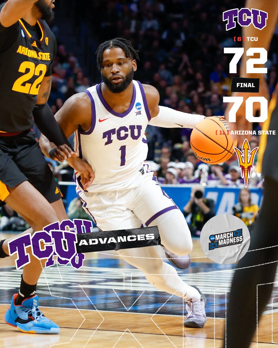 Big12Conference's tweet photo. Wow @TCUBasketball ❕

The # 6 seed Horned Frogs advance to face Gonzaga on Sunday in Denver. 

Survive &amp; Advance! 

#Big12MBB x #MarchMadness https://t.co/UwuD2P8wre