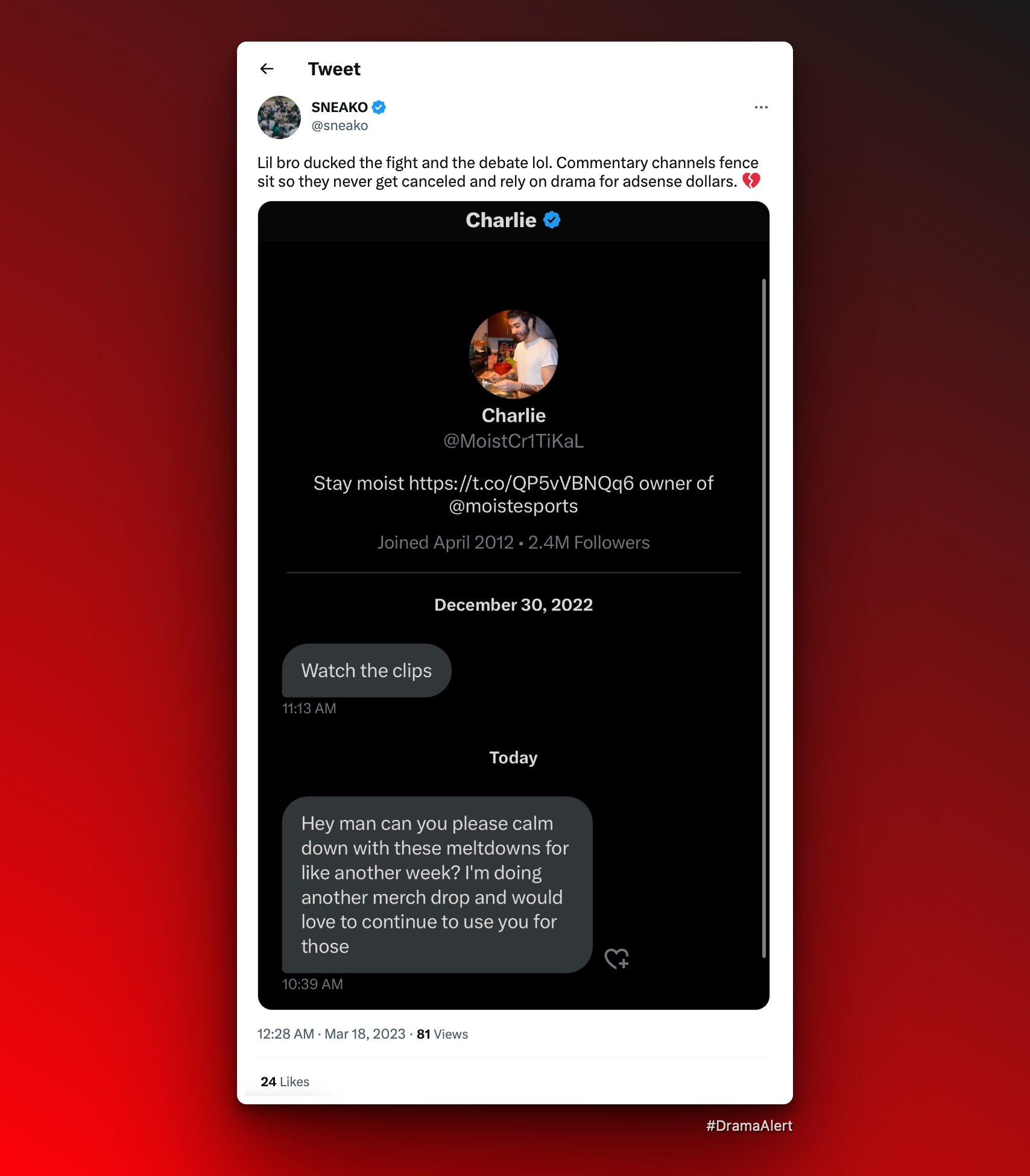 DramaAlert on X: “Charlie’s DM to Sneako 😂 #DramaAlert https://t 