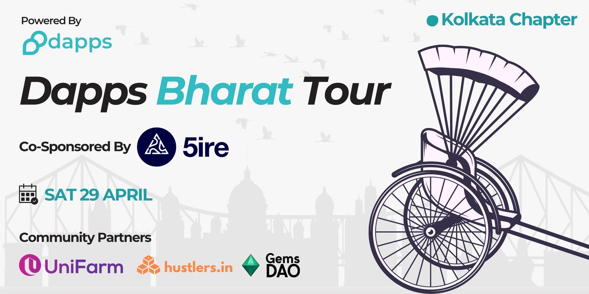 dapps_co's tweet photo. Salut Dappsters🫡

After a Successful event in Mumbai &amp; Delhi 🥳
"Dapps Bharat Tour" is coming to #Kolkata on 29th April!😎

As always we have planned many things from entertainment to educational evening.

Come #LetsDapp🤘
Limited Seats⬇️
Register Now- https://t.co/1XDjSxrviV https://t.co/TmeKQKkmjN