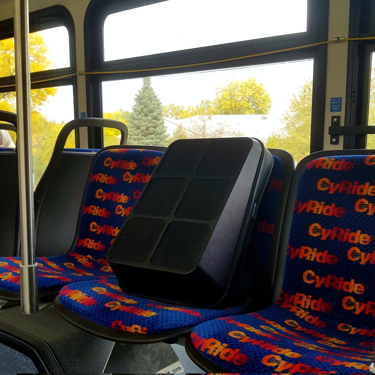 SolazEnergy's tweet photo. SOLAZ takes the bus to be environmentally friendly. Be like SOLAZ.

#solarbackpack #solarpower #solarenergy #cyride #backpacking https://t.co/UdNfDkHhm3