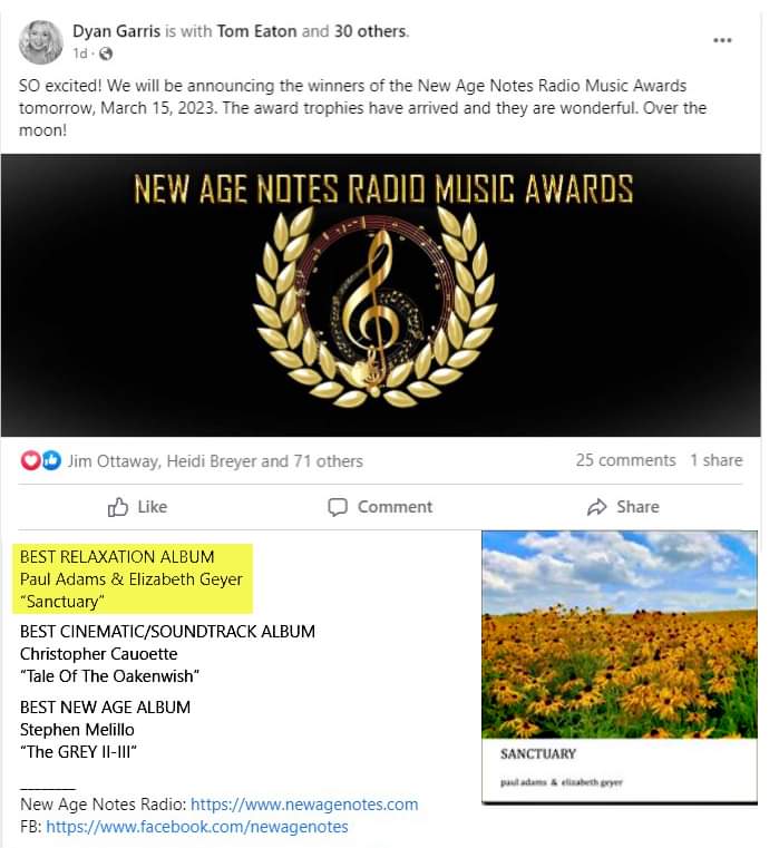 Sanctuary was selected Best Relaxation Album/ Notes Radio Awards. Big thanks from myself &amp; Paul and to listeners. We made this as a soundtrack for deep healing and anchoring for meditation and are stoked others are enjoying as we found a lot of peace and joy in making it.