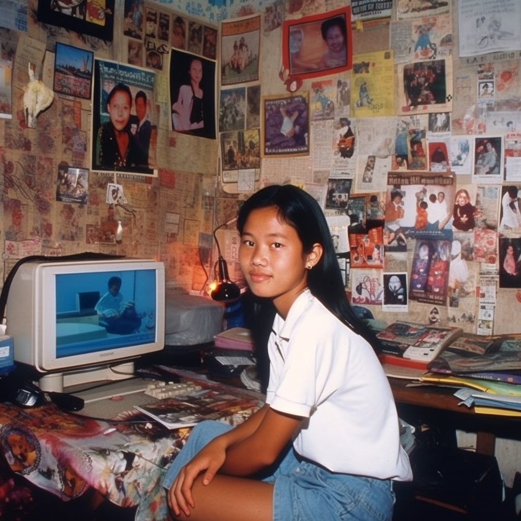 VredeAarde's tweet photo. @midjourney_ai versi 5 sudah keluar, kita test dengan foto2 jadul yuk! Ini foto-foto remaja cewek Indonesia di kamarnya, tahun 2000 an. #midjourney5 #AIphoto https://t.co/hkOGaR0qGx