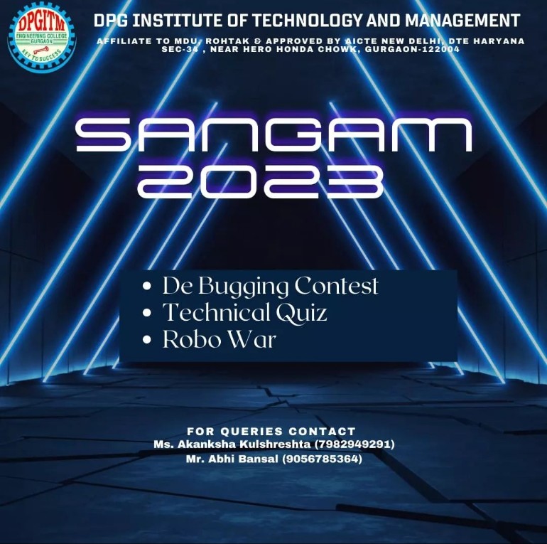 Sangam2023's tweet photo. Calling all tech enthusiasts. Join us at SANGAM 2023 for the ultimate De-bugging contest, technical quiz and robbo war. Show of your skills and win big !
.
#sangam
#sangam2023
#innovatefest
#collegefest
#fest2023
#dpgitm
#dpgfest
#viral
#viralpost
#trending https://t.co/qVPPpfC6O1