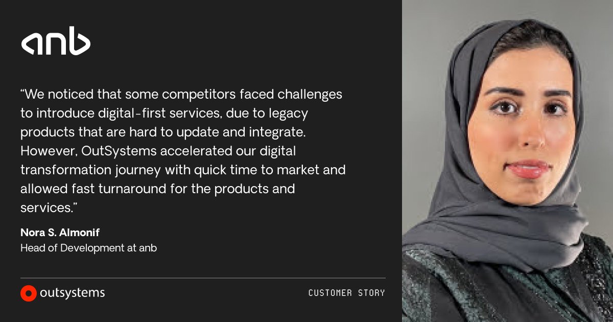 manishcse95's tweet image. anb has made loan origination 3x faster and mortgage applications 64% faster. With 7 #apps and counting, their #mobile #banking app is currently used by 1 million users and won the prestigious “Best Digital Bank Award” in Saudi Arabia. #OutSystemsPartner outs.so/AFA652