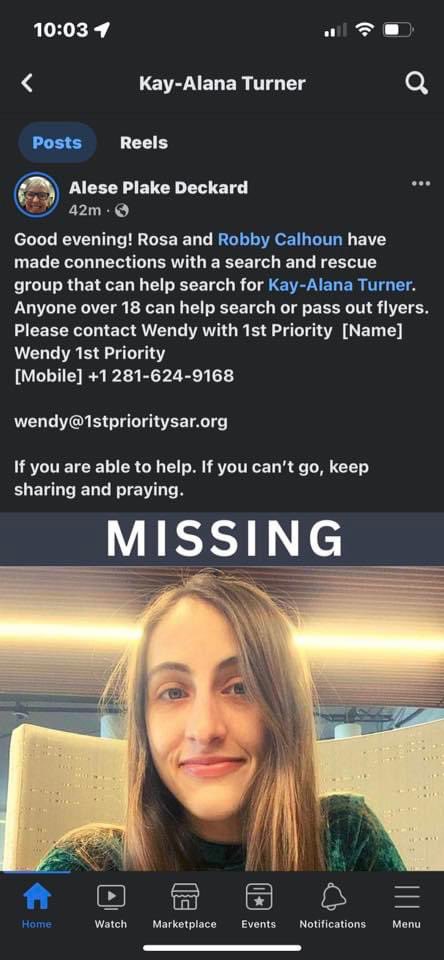 missingNamerica's tweet image. Kay-Alana Turner has not been seen since 3/10/23. If you are local to Tomball, TX and can volunteer to search or hand out flyers please contact: Wendy with 1st Priority SAR (281) 624-9168 or Email: Wendy@1stprioritysar.org.  #LetsFindKay #KayAlanaTurner #MissingInTexas
