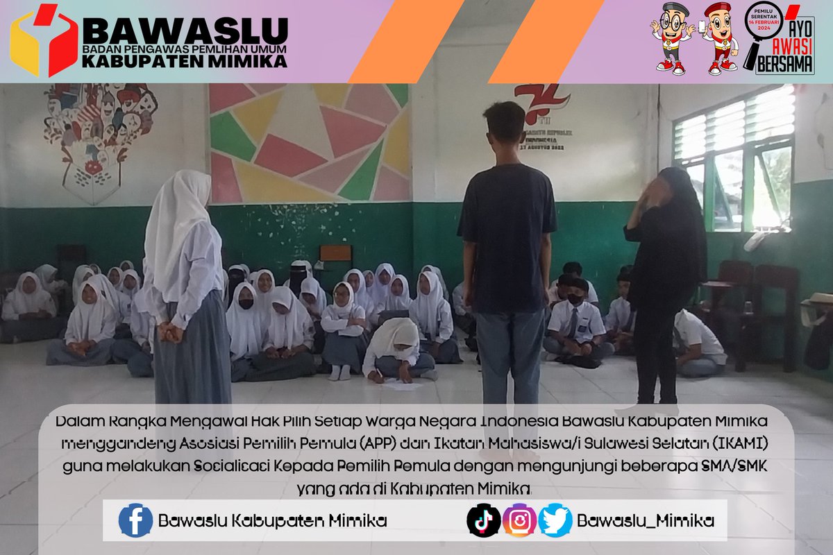 Hallo Sahabat Bawaslu,

Bawaslu Mimika m'ggandeng Asosiasi Pemilih Pemula (APP) &amp; Ikatan Mahasiswa/i Sulsel (IKAMI) utk melakukan Sosialisasi Kpda Pemilih Pemula dengan m'datangi  SMA/SMK yang ada di Mimika. 
#Sosialisasi
#PengawasanCoklit
#BawasluMengawasi
#BawasluTidakSendiri