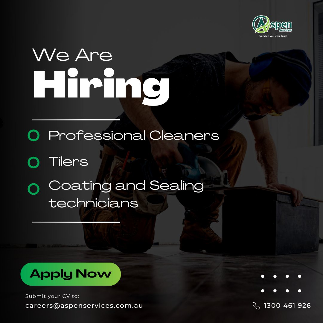 Join Our Team.
✅ Professional Cleaners
✅ Tilers
✅ Coating and Sealing Technicians 

These positions are available for both experienced and inexperienced technicians. 
Please send your CVs to careers@aspenservices.com.au

#jobs #brisbanejobs #professionalcleaners #tilers