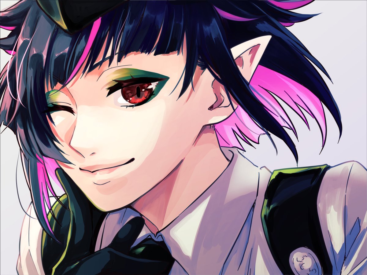 1boy male focus pointy ears pink hair black hair red eyes gloves  illustration images