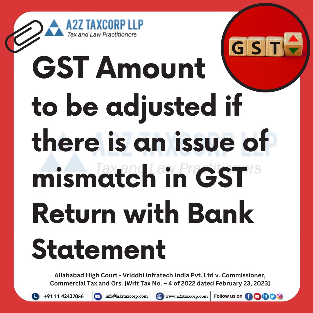BimalGST's tweet photo. GST amount to be adjusted if there is an issue of mismatch in GST Return with Bank Statement

#GST #GSTamount #GSTwithBimalJain #a2ztaxcorpllp #gstreturn #bankstatement https://t.co/pzfZ5F9ejJ