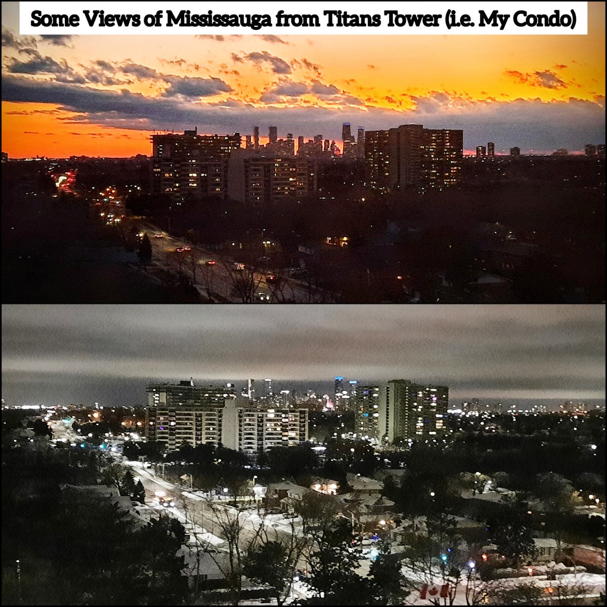 Two views of @citymississauga from the window near my kitchen table 🌆 🌃 📸 

#photo #photography #pictures #skyline #nightphotography #night #sunset #sunsetphotography #eveningpictures #skylinephotography #cityview #mississauga #cityofmississauga