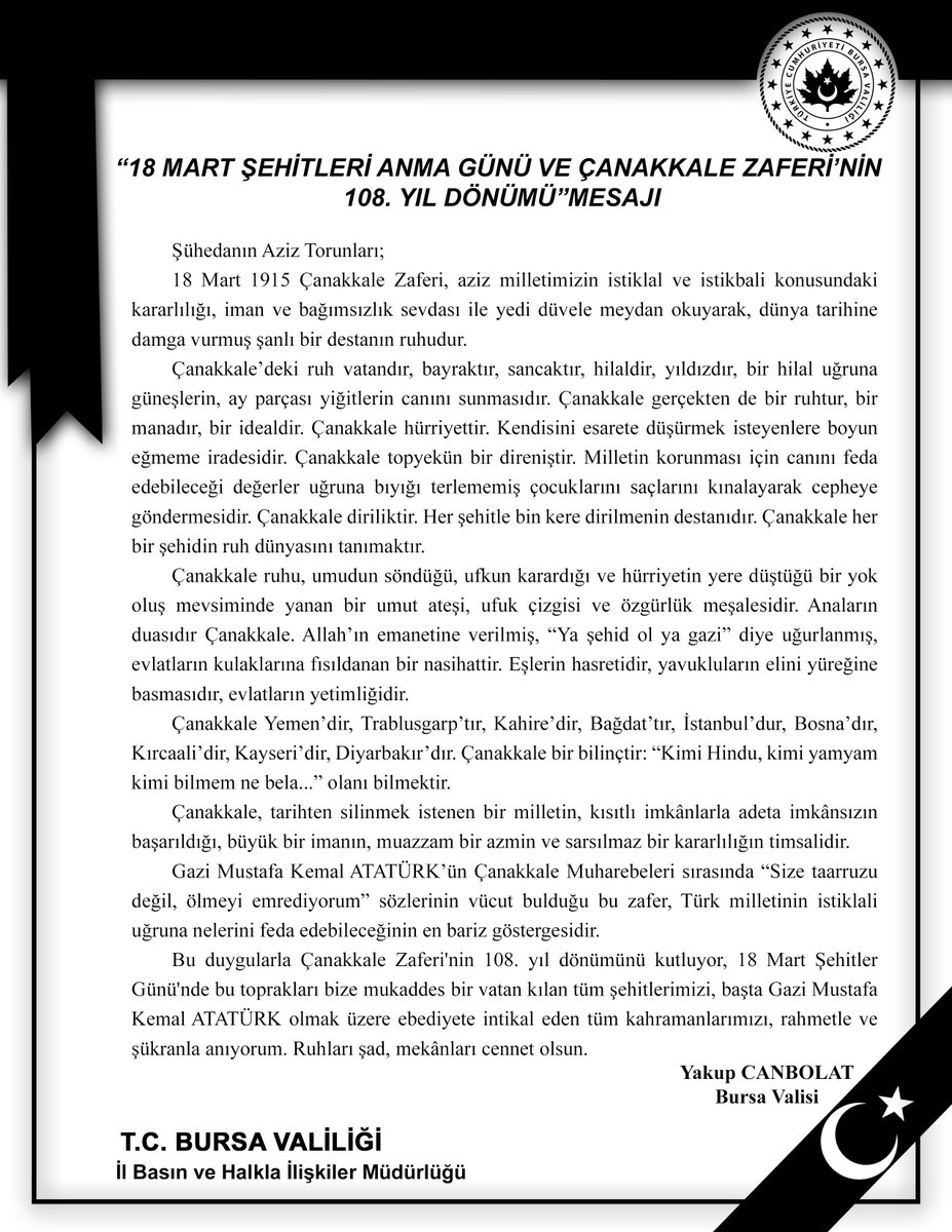 Vali <a href="/YakupCanbolat/">Yakup CANBOLAT</a>'ın 18 Mart Şehitleri Anma Günü ve Çanakkale Zaferi'nin 108. Yıl Dönümü Mesajı