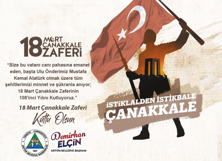 ArtvinBel's tweet photo. Bize bu vatanı canı pahasına emanet eden, başta Ulu Önderimiz Mustafa Kemal Atatürk olmak üzere tüm şehitlerimizi minnet ve şükranla anıyor; 18 Mart Çanakkale Zaferinin 108'inci Yılını Kutluyoruz... https://t.co/tqGCNsm2Pz