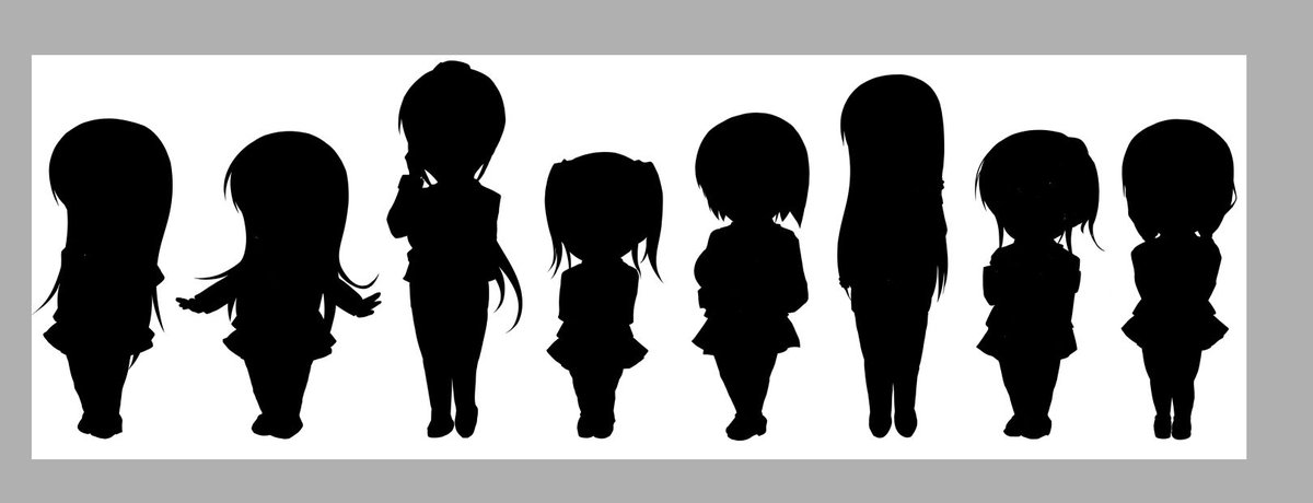 着色後のキャラも並べてみたんご〆('ー`)b
後はヘッダー用にデザインをすれば完成かな☆
(まあデザイン苦手だから難儀するだろうけどw)
ちなみに全員シルエット版も作ってみました♪
何かの時に使えるかも?w 