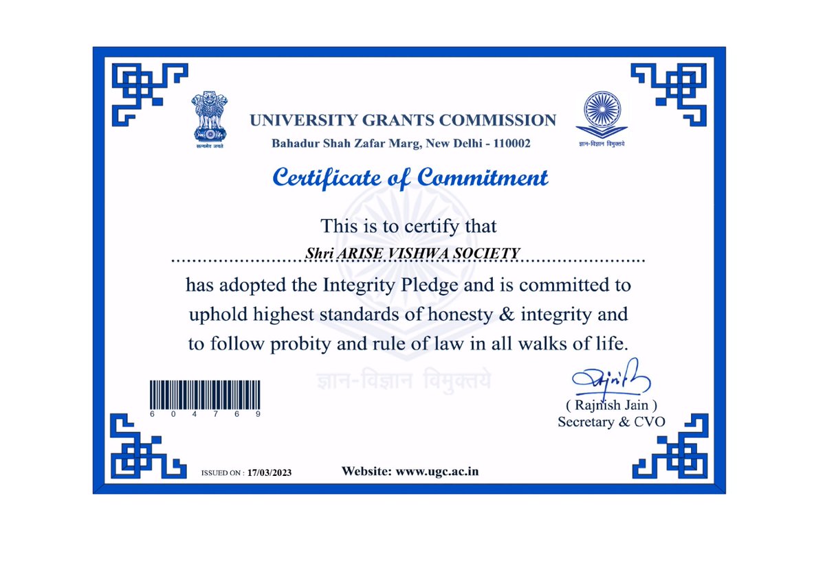 AriseVishwa's tweet photo. Certificate of Commitment, University Grants Commission
#UniversityGrantsCommission #CertificateofCommitment #AriseVishwaSociety #EqualityisUnity #NewDelhi #CentralGovernment #Pune #Maharashtra #NGO https://t.co/PZdZd04j8A
