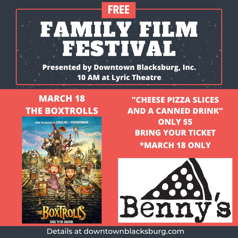 NextThreeDays.com (@next3days) on Twitter photo FREE Family Film Fest with 2014 animated film "The Boxtrolls" at <a href="/TheLyricTheatre/">The Lyric Theatre</a> #Blacksburg starting at 10AM.
Additionally, movie goers can bring tickets to Benny's for slice of cheese pizza & canned drink for $5....
nextthreedays.com/FeaturedEventD… FREE Family Film Fest with 2014 animated film "The Boxtrolls" at <a href="/TheLyricTheatre/">The Lyric Theatre</a> #Blacksburg starting at 10AM.
Additionally, movie goers can bring tickets to Benny's for slice of cheese pizza & canned drink for $5....
nextthreedays.com/FeaturedEventD…