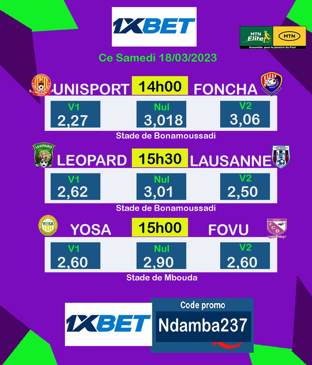 #MTNEliteFootball 
Les meilleurs côtes sur 1XBET Cameroun .
----------------------------------------------
Utilises le code promo Ndamba237 pour t'inscrire sur 1xbet et reçois un bonus de 200% sur ton premier dépôt.😛
Tu charges 
10mil tu reçois 30mil
50mil tu reçois 150mil
