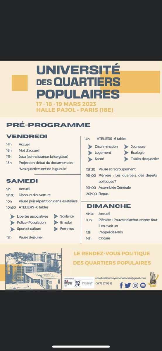 JulienTalpin's tweet photo. Beau programme de L’université des quartiers populaires ce week-end à Paris ! Organisée par @pas_sansnous on y parlera discriminations, violences policières, répression associative … mais surtout des conditions pour que la parole des habitants de ces quartiers soit entendue https://t.co/d32JkeI7YH