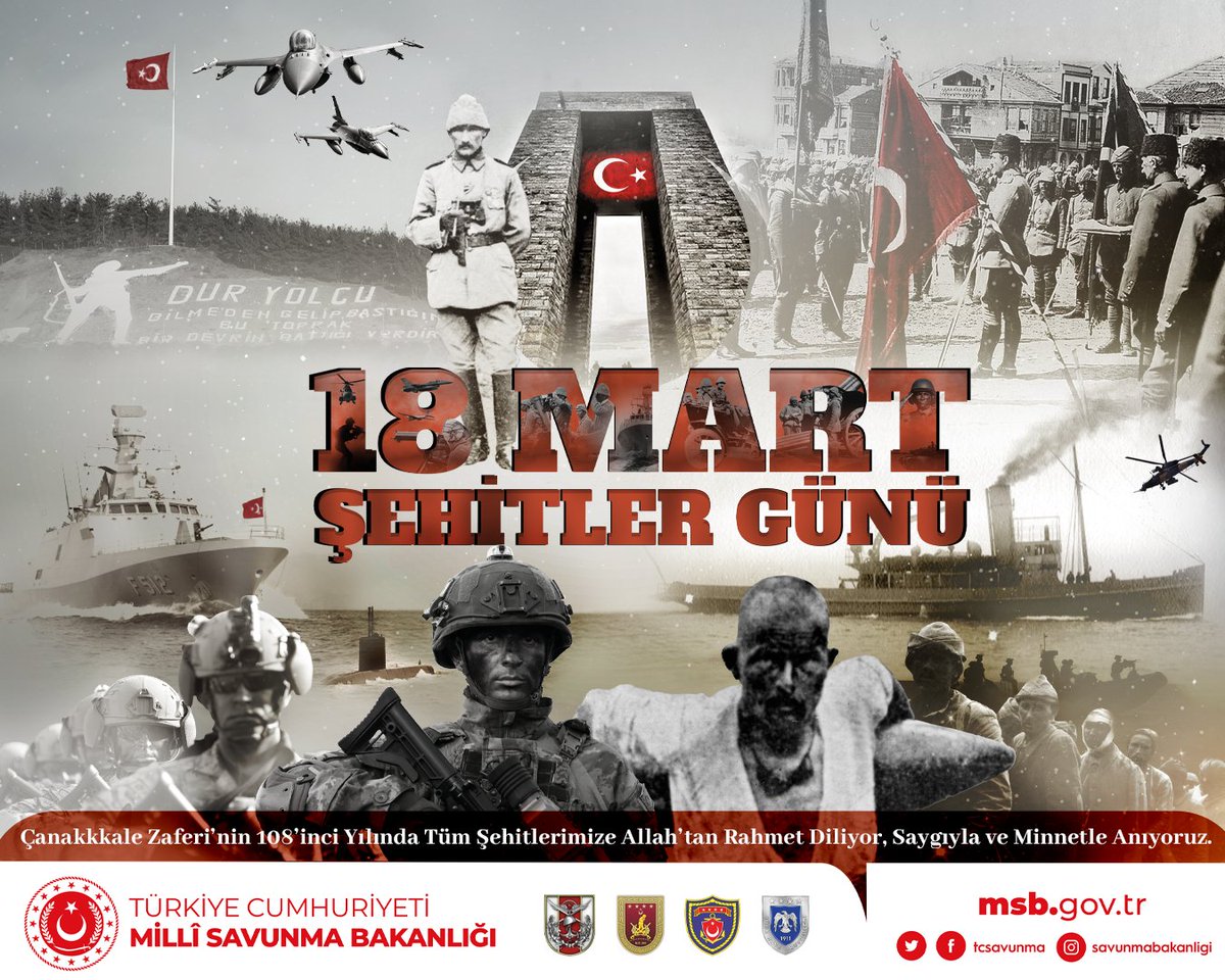 tcsavunma's tweet photo. 18 Mart Şehitleri Anma Günü ve #Çanakkale Zaferi’nin 108’inci yılında Başkomutanımız Gazi Mustafa Kemal Atatürk başta olmak üzere Çanakkale’yi geçilmez kılan şanlı ecdadımıza Allah’tan rahmet diliyor, 
saygı ve şükranla anıyoruz. #18MartÇanakkaleZaferi🇹🇷 https://t.co/dnRTHRgtsu