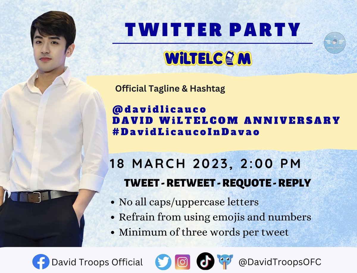 TroopsTrends's tweet photo. TWITTER PARTY NOW!

David will perform in WiLTELCOM Anniversary mall show at Gaisano Mall of Davao Atrium.

To show your love and support for @davidlicauco, join our TP now!

USE:

@davidlicauco 
DAVID WiLTELCOM ANNIVERSARY
#DavidLicaucoInDavao https://t.co/9rir6JAwXo