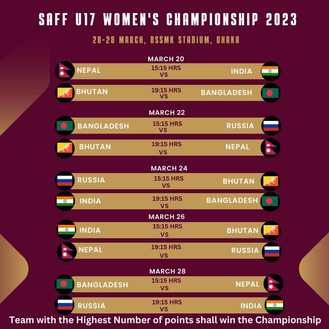 The SAFF U-17 Women’s Championship 2023 is scheduled to kick off from March 20-28 2023.India, Nepal, Bhutan, Bangladesh &amp; Russia will compete for the coveted prize at the BSSMK stadium in Dhaka, Bangladesh.
Catch all the action live and exclusively on Sportzworkz YouTube channel.