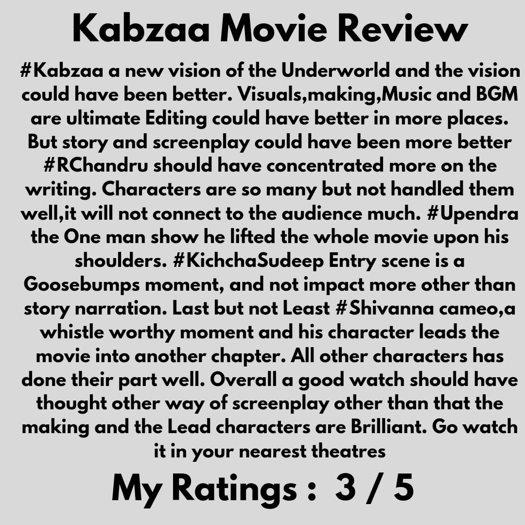 #Kabzaa #moviereview
#Upendra #Kichchasudeep #Shivarajkumar #RChandru #rchandrumovies #mtbnagaraj #shriyasaran #RaviBasrur #anandpandit #apmpictures #alankarpandian #aanandaudio #cinemasamachara #trending #uppi #uppifans #uppiboss #kichchafans #kichcha  #kannadacinema