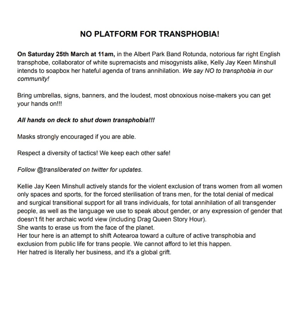 transliberated's tweet photo. No platform for transphobia! See details below for the protest on 25th March in Albert Park, against Kelly Jay Keen Minshull and her TERF brigade! https://t.co/qlflPQNsgx