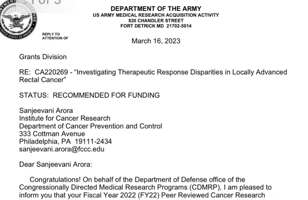 Excited to share that we have received #funding from @DeptofDefense @CDMRP #PRCRP on investigating #disparities in response to chemoradiation therapy in #RectalCancer with excellent collaborators Joshua Meyer, Camille Ragin and @WhetstineLab @FoxChaseCancer