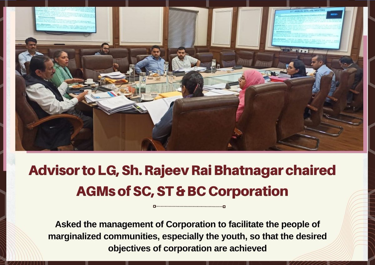 Advisor to LG, Sh. Rajeev Rai Bhatnagar chaired AGMs of SC, ST & BC Corporation;asked the management of Corporation to facilitate the people of marginalized communities, especially the youth, so that the desired objectives of corporation are achieved. @PMOIndia @OfficeOfLGJandK