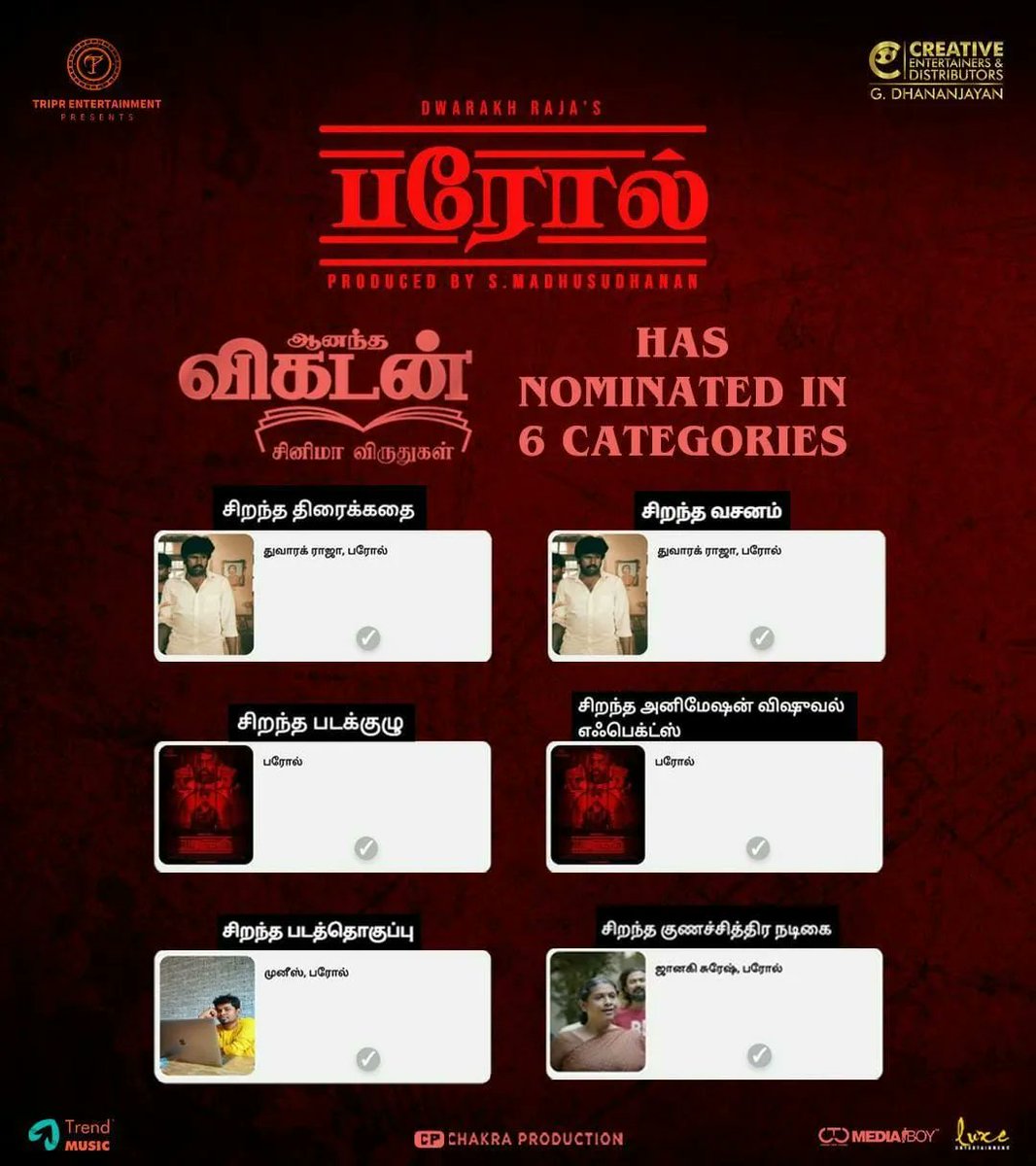 iamdwarakh's tweet photo. Parole has been nominated under 6 categories in the most prestigious Ananda Vikatan awards... @janisuresh73 mam (Best Supporting actress), @muniez_editor (Best Editor), @just__jagan (Best VFx), and most importantly my entire cast &amp; crew (Best Team)... https://t.co/IsRxhSX0ds