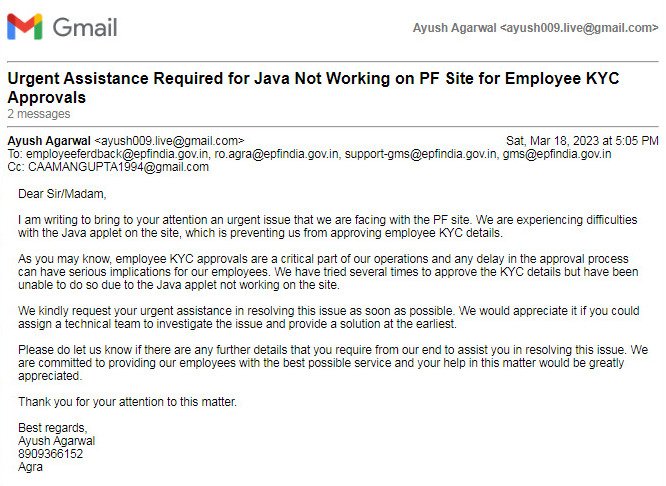 @socialepfo Urgent request to PF Dept, Java applet not working on ur site is preventing us from approving employee KYC. This delay has serious implications for our employees. Please help us resolve this technical issue at the earliest. #PFsite #employeeKYC #urgentassistance